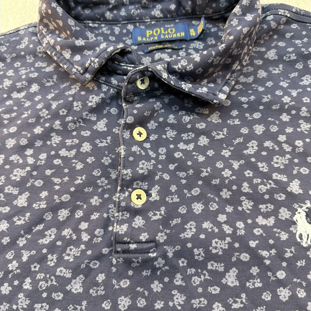 Polo Ralph Lauren Polo Shirt Mens XL Navy Floral Print Custom Slim Fit Golf